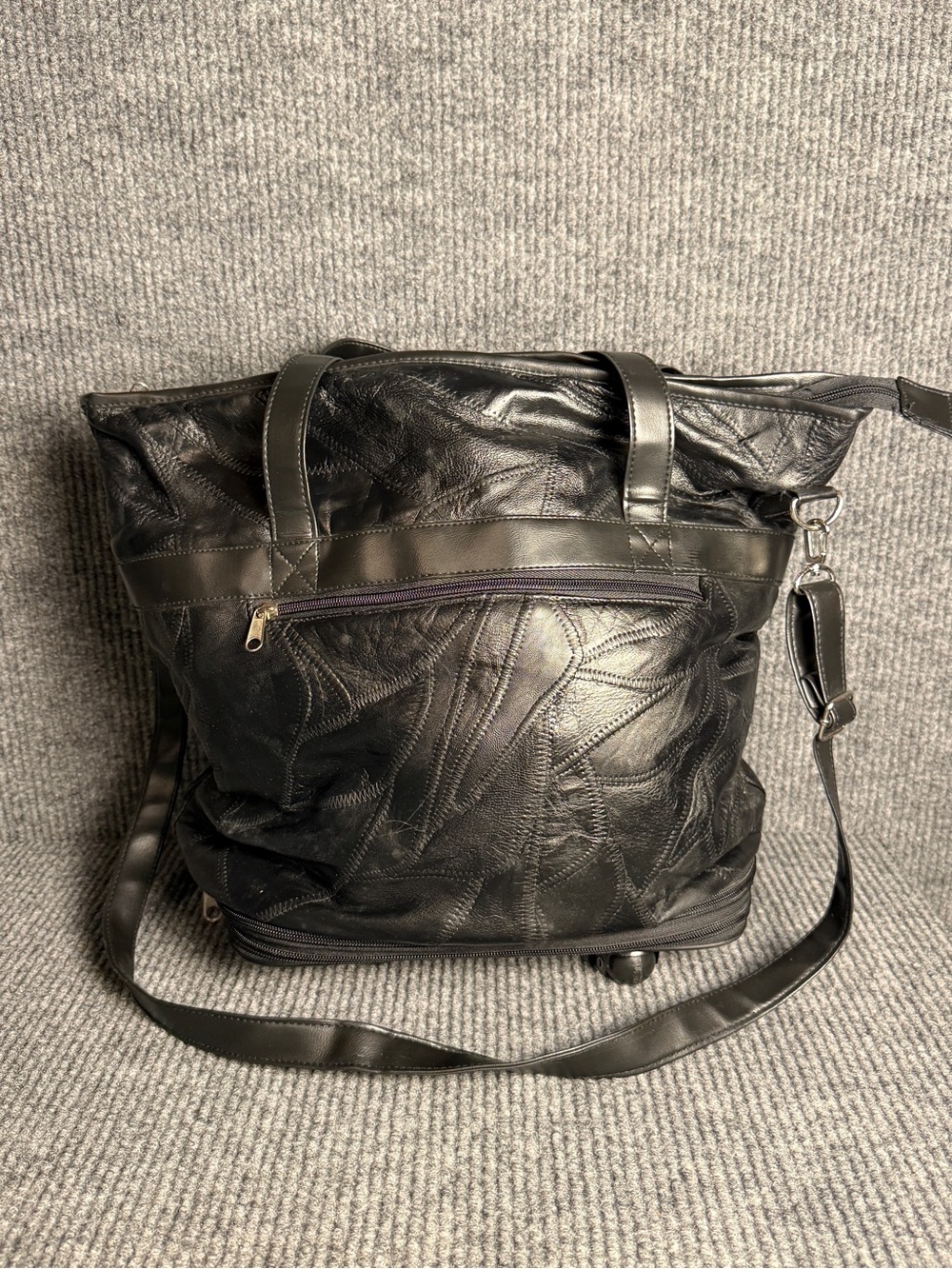 Vintage Black Leather Patchwork Expandable Travel Bag Tote XL